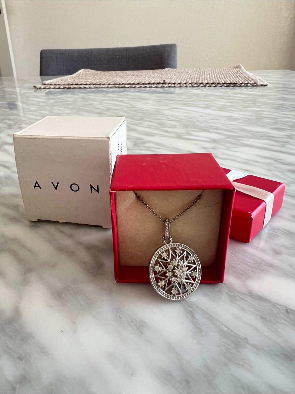 Avon Silver Snowflake Crystal Pendant Necklace - Red Gift Box